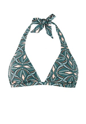 Diep teal bikini top met een halternek ontwerp, voorzien van een geometrisch patroon in koraal en roomkleur. Met strik aan de nek en rug voor verstelbaarheid.