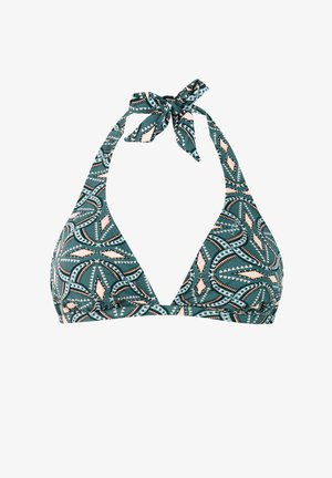 Diep teal bikini top met een halternek ontwerp, voorzien van een geometrisch patroon in koraal en roomkleur. Met strik aan de nek en rug voor verstelbaarheid.