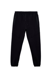 Sorte joggingbukser lavet af blødt stof, med elastisk talje med snor, to sidelommer med lynlås og indsnævrede manchetter.