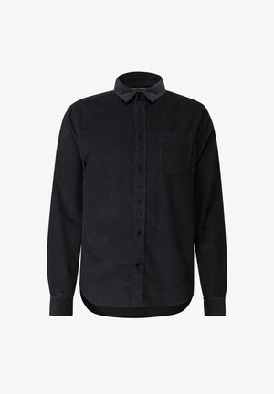 Czarna, długa koszula z guzikami w materiału sztruksowego, z pointed kołnierzykiem, pojedynczą kieszenią na piersi i subtelną teksturą.