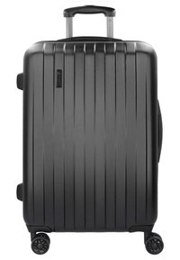 Valigia rigida nera con scanalature verticali, manico retrattile e quattro ruote girevoli. Presenta una superficie resistente e testurizzata.