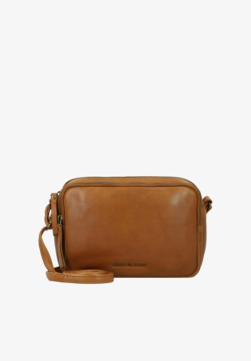 Borsa a tracolla in pelle tan con chiusura a zip, forma rettangolare e tracolla regolabile. Presenta un logo sottile impresso nella parte inferiore.