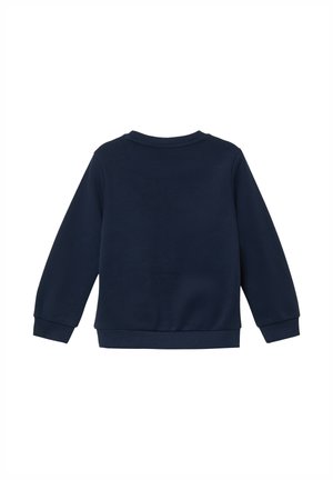 Sudadera de color azul marino, hecha de material suave, con mangas largas, puños acanalados y cuello redondo. Textura suave, sin patrones visibles.