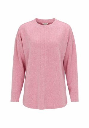 Hellrosa langärmeliger Pullover mit gerippter Struktur, rundem Ausschnitt und entspannter Passform. Verfügt über tiefer gesetzte Schultern und weiches Material.