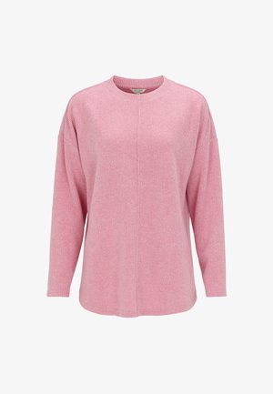 Ljusrosa tröja med långa ärmar och ribbad textur, rund halsringning och ledig passform. Har sänkta axlar och mjukt tyg.