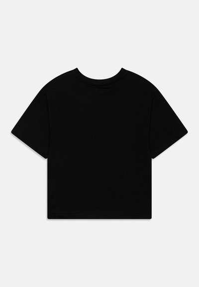 T-shirt cropped nero con maniche corte, scollatura tonda e una texture in cotone liscia. Nessun logo o motivo visibile sul retro.