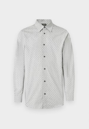 Gai pelēks garu piedurkņu pogājams krekls ar nelielu melnu ģeometrisku rakstu un norādītu apkakli, izstādīts uz balta fona.