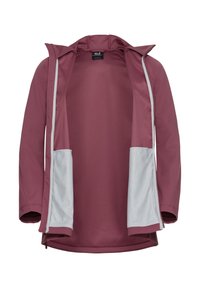 Giacca bordeaux con una texture liscia, dotata di zip frontale, cappuccio e tasche laterali foderate in rete grigia chiara. L'interno è di un bordeaux uniforme.