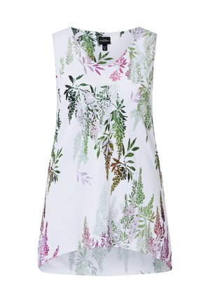 Blusa blanca sin mangas con estampado botánico multicolor que presenta patrones de hojas verdes, moradas y rosas, y un dobladillo trasero ligeramente más largo.