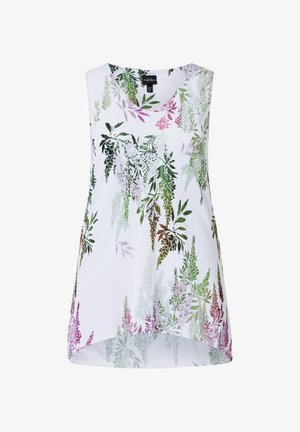 Mouwloze witte blouse met een meerkleurige botanische print met groene, paarse en roze bladpatronen, en een iets langere achterkant.