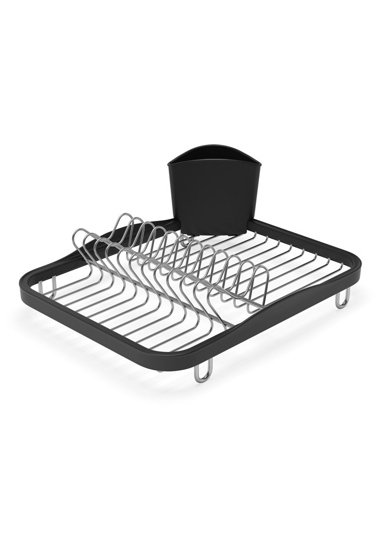 Stendibiancheria da cucina nero con design in filo cromato e portautensili integrato. Presenta bordi curvi, piedi rialzati e più fessure per piatti.