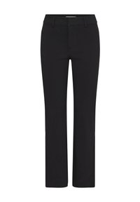 Čierne nohavice s rovnakým strihom, vyrobené z hladkej látky, s pútkami na opasok a jedným predným vreckom. Čistý dizajn bez viditeľných vzorov.