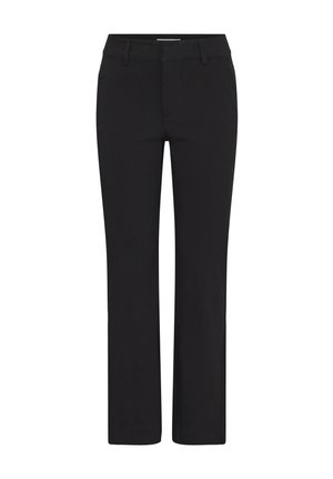 Pantaloni neri con taglio dritto, caratterizzati da un tessuto liscio, passanti per cintura e una tasca frontale singola. Design pulito senza motivi visibili.