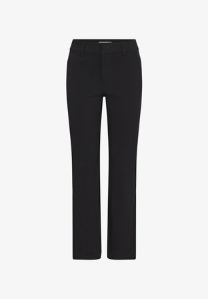 Czarne spodnie o prostym kroju, wykonane z gładkiej tkaniny, z szlufkami na pasek oraz pojedynczą przednią kieszenią. Prosty design bez widocznych wzorów.