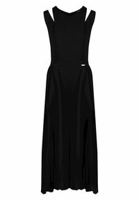 Schwarz ärmelloses Maxikleid mit breiten Trägern und tailliertem Schnitt, das einen leicht ausgestellten Rock hat.