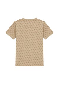 T-shirt beige à manches courtes avec un motif géométrique marron en all-over. Tissu doux avec un col rond et une finition légèrement texturée.