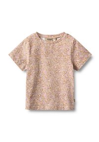 Lyhythihainen lasten t-paita, jossa on beige pohja ja pieni kukkakuviointi vaaleanpunaisissa, purppuran ja ruskean sävyissä, pyöreä pääntie.