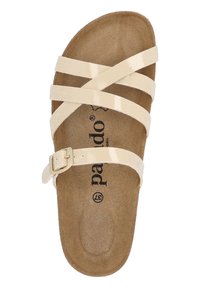 Sandal in beige con quattro strisce incrociate, dettaglio con fibbia e una soletta color marrone testurizzata con il logo del marchio in nero.