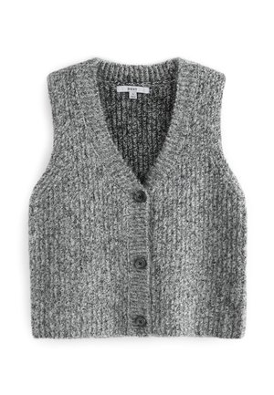 Grå strikket ærmeløs cardigan med V-hals og tre mørke knapper foran, mærket størrelse small fra mærket NEXT.