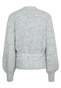 Pull tricoté gris clair avec de longues manches bouffantes, des poignets côtelés et une ceinture côtelée à la taille à l'arrière.