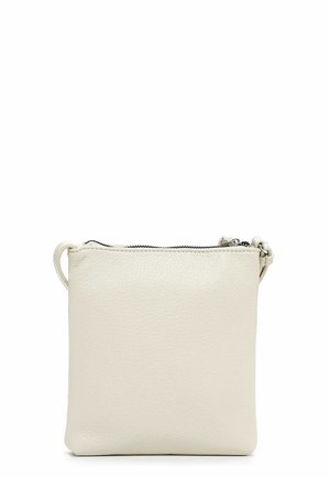 Kleine cremeweiße Leder-Umhängetasche mit Reißverschluss oben und verstellbarem Schulterriemen vor weißem Hintergrund.