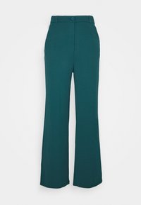 Teal wide-leg pants made of a smooth, textured fabric. Features a button closure and belt loops at the waist, with a tailored silhouette.