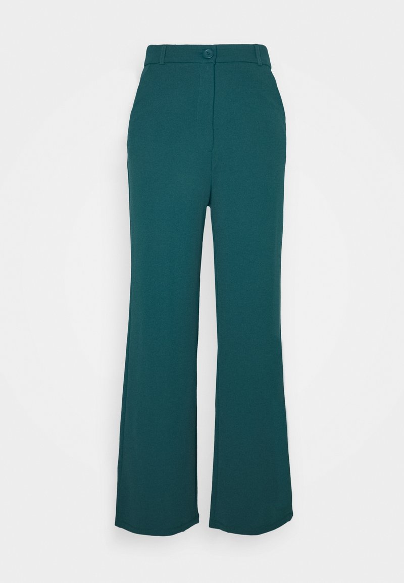 Teal wide-leg pants made of a smooth, textured fabric. Features a button closure and belt loops at the waist, with a tailored silhouette.
