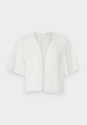 White short-sleeve blouse with a V-neck, lightweight fabric, open front, and soft texture. Minimalist design with no visible closures or embellishments.