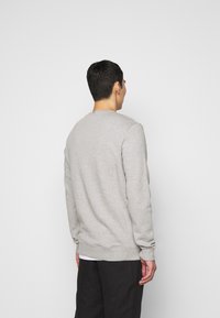 Felpa grigia a girocollo con maniche lunghe, polsini e orlo a coste, e un discreto dettaglio della cucitura posteriore. Indossata sopra una camicia bianca.