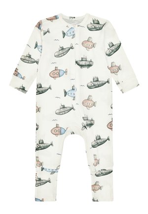 Tuta bianca per neonati con motivi di sommergibili grigi, blu e rosa e chiusura frontale con cerniera.