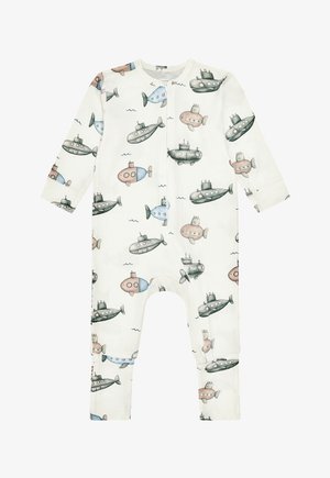 Weißer Baby-Strampler mit grauen, blauen und rosa U-Boot-Mustern und vorderem Reißverschluss.