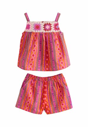 Girls' two-piece outfit with crocheted pink and red floral top and matching pink-orange striped shorts.