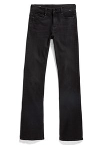 Jean noir droit avec fermeture par bouton et zip, poches avant et arrière, et passants de ceinture à la taille.