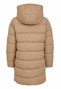 Manteau d'hiver matelassé beige avec piqûres horizontales et capuche attachée, vu de dos, longueur mi-cuisse avec manches longues.