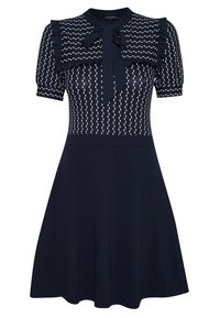 Robe marine à manches courtes, présentant un bustier texturé avec un col festonné et un nœud, une jupe évasée, en tissu lisse.