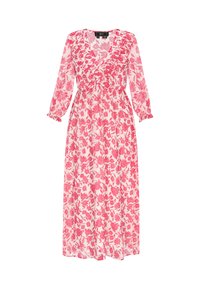 Maxikleid aus pinkem Stoff mit floralem Muster, langen Ärmeln und rüschigem Ausschnitt. Verfügt über eine geraffte Taille für eine lockere Passform.