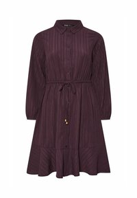 Abito viola a righe con maniche lunghe, colletto, chiusura frontale con bottoni, vita elastica con coulisse e orlo arricciato.