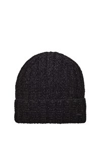 Black knitted beanie hat featuring a ribbed pattern, folded cuff, and a textured finish. Made from a warm, durable material.