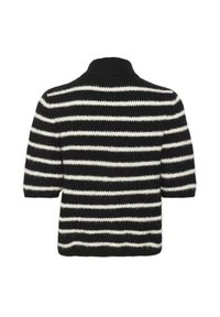 Melnas un baltas svītrains īso piedurkņu džemperis ar augstu apkakli. Mīksta, pūkaina tekstūra, kurā ir pārmaiņus biezi un plāni svītri.