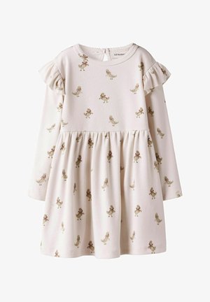 Abito a maniche lunghe, a coste, di un beige chiaro con gonna arricciata, caratterizzato da un motivo anatra in tonalità tenui e dettagli di volants sulle spalle.