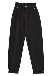 Svarta bomullsbukser med elastisk midja, två framfickor och uppkavlade muddar. Har subtila metallaccenter vid fickorna.