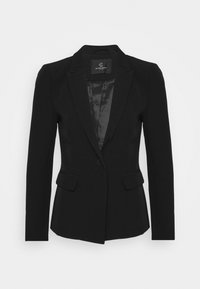Blazer nero con rever a punta, chiusura a un bottone, due tasche frontali e fodera interna liscia. Vestibilità sartoriale, silhouette strutturata.