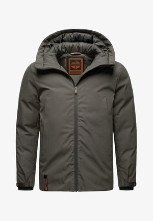 Olivengrüne isolierte Jacke mit Kapuze, durchgehender Reißverschluss, zwei Seitentaschen, gerippte Bündchen und einem markierten Innenetikett.