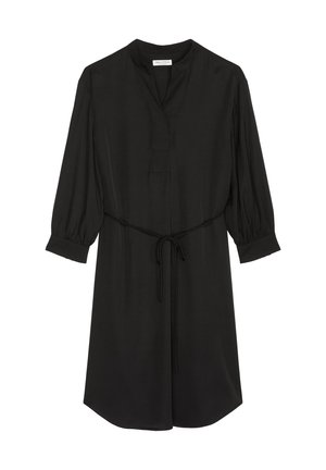 Black midi dress in lightweight fabric, featuring a half-button placket, long puff sleeves, drawstring waist, and rounded hem.