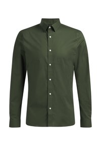 Mörkgrön långärmad skjorta i slät bomull, med klassisk krage, framknappar och knappade ärmslut. Inga mönster eller detaljer.