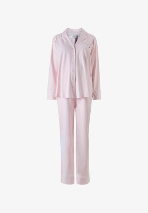 Rosa Baumwoll-Pyjama-Set mit langärmeligem Hemd mit Knöpfen und Tasche sowie passenden Hosen mit Bündchen. Schlichte weiße Zierleisten.