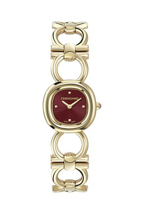 Orologio da polso Ferragamo in tonalità oro con quadrante quadrato rosso, indicatori minimalisti e cinturino a bracciale con maglie a forma di fiocco.