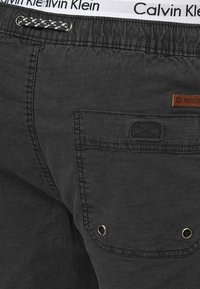 Poche arrière de shorts gris foncé avec œillets en métal, patch de marque et ceinture Calvin Klein visible au-dessus.