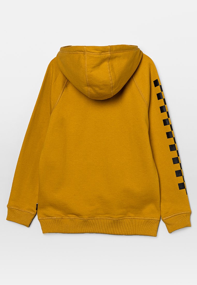 Sudadera amarilla con bolsillo canguro, capucha ajustable con cordón y patrón de cuadros negros a lo largo de la manga izquierda. Material suave de mezcla de algodón.