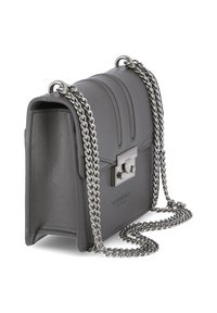 Gray faux leather handbag with silver chain strap, boxy design, horizontal stitching on the front, and metal clasp closure.